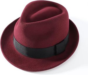 Chapeau Fedora en laine bordeaux avec bande de ruban noir, style classique unisexe pour un usage décontracté, toutes saisons, taille adulte 56-58 cm - Product Image 3