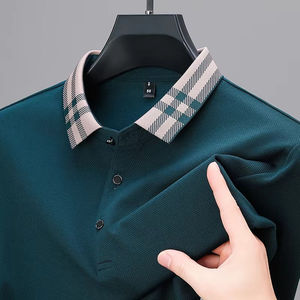 Polo de Manga Larga para Hombre, Color Gris Claro, Cuello a Cuadros, Informal, Transpirable, Estilo Smart Casual - Product Image 5