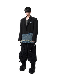 2025 diseño de nicho abrigos a medida personalidad imitación de dos piezas empalmado Denim Blazers hombre guapo traje de manga larga chaquetas para hombres - Product Image 2