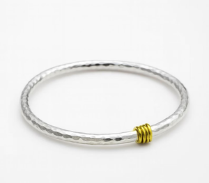 Hammered Sterling <b>Silver</b> <b>Bangle</b> with Gold Accent Handcrafted Bohemian Statement <b>Bracelet</b> Textured Artisan Jewelry for Women - Product Image 6