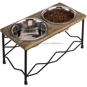 Natural para MANGO madera negro Metal celosía estilo elevado doble alimentador de mascotas soporte 2 cuencos de acero inoxidable muestra gratis perros gatos - Product Image 3