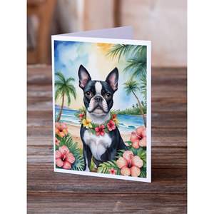 Cartes de vœux fantaisistes Boston Terrier Luau Lot de 8 cartes vierges A7 de taille 5x7 avec enveloppes - Product Image 2
