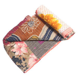 Patch Work Bedspread Bedding Indian Cotton Hand Block Kantha Quilt <b>Throw</b> Indian Reversible Hand <b>Stitched</b> Heavy <b>Throw</b> Old Sari - Product Image 2