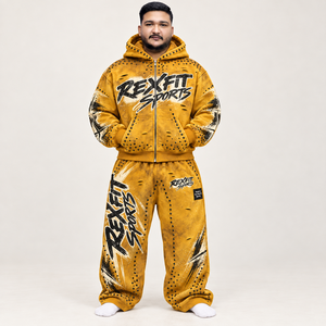 Conjunto de Sudadera con Capucha para Hombre REXFIT SPORTS, Estampado Digital Amarillo, Estilo Urbano, Traje Deportivo de Forro Polar para Otoño - Product Image 1