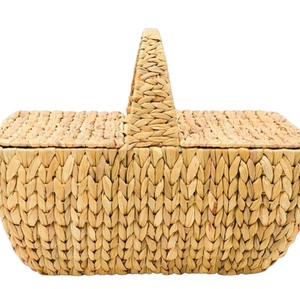 Water hyacinth picnic <b>basket</b> high end handcrafted wicker storage <b>basket</b> with decorative <b>rectangular</b> double lids and center hand - Product Image 3