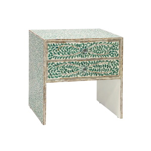 Modern luxury <b>bedside</b> <b>table</b> with <b>green</b> floral vine inlay and handmade two drawer accent Capiz nightstand for bedroom - Product Image 1