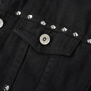 Men's Black Denim <b>Jacket</b> Punk Style Turn-down Collar Rivet Decorated Slim Fit Winter Breathable <b>Sherpa</b> <b>Lined</b> Ripped Detail - Product Image 5