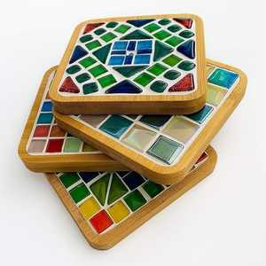 Juego de posavasos cuadrados de madera, bambú y mosaico de vidrio, resistentes al calor, protectores de superficie para mesa, alfombrillas para bebidas, para tazas de café. - Product Image 1