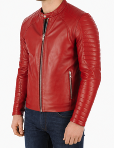 Veste moto en cuir véritable rouge pour homme, coupe ajustée, col montant, fermeture éclair, style automne - Product Image 2
