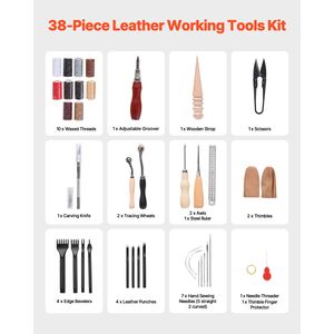 Kit di Utensili per Lavorazione Pelle 38 Pezzi, Strumenti per Artigianato in Pelle con Borsa Portatile in Tela per Incisione, Punzonatura, Cucitura, Stampa e Taglio - Product Image 2