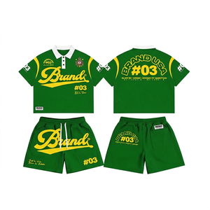 ชุดเสื้อโปโลและกางเกงขาสั้นสีเขียวสำหรับผู้ชาย ชุดลำลองสำหรับฤดูร้อน พิมพ์ลายโลโก้สีเหลือง ชุดผ้าฝ้ายระบายอากาศได้ดี - Product Image 1