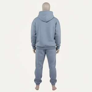 Survêtement unisexe bleu clair à capuche, couleur unie, 100% coton, sweat-shirt décontracté long avec poches latérales, taille élastique - Product Image 2