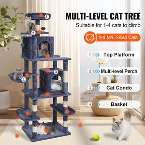 Albero per Gatti da Interno da 174 cm con 2 Cuccette, Tiragraffi in Sisal, Amaca e Piattaforme Salto per Gatti - Giocattolo Perfetto per la Primavera - Product Image 2