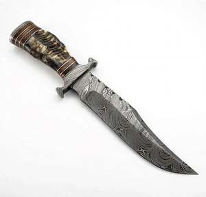 Cuchillo de exhibición de hoja fija de acero de Damasco con diseño de gota de lluvia, hecho a mano, con mango de asta de ciervo y nogal - Product Image 6