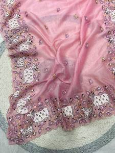 Sari de soirée – Broderie multicolore avec bordure ajourée et chemisier Lotus - Product Image 3