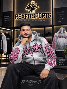 REXFITSPORTS 2026 Sweat à capuche gris personnalisé entièrement zippé, motif graffiti, streetwear, en molleton, imprimé rose, vente en gros - Product Image 3