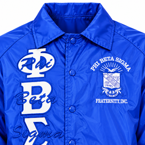 Veste de coach pour homme bleu roi Phi Beta Sigma avec lettres grecques brodées blanches, écusson de la fraternité, fermeture à boutons-pression, manches longues - Product Image 4
