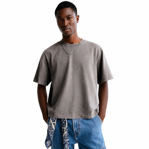 T-shirt en coton gris uni surdimensionné à manches courtes, col rond, coupe décontractée, longueur standard, design uni teint - Product Image 1