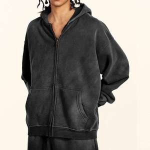 Sudadera con capucha personalizada para hombre, estilo vintage, con cremallera, informal, de forro polar, estilo urbano, de peso pesado, lisa, con lavado ácido, oversize, de moda - Product Image 3