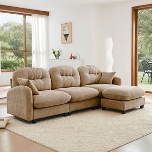 Divano Modulare a L in Tessuto Chenille Premium, Design Trapuntato e Plissettato, Ergonomico, Facile da Installare, con Pouf per Soggiorno - Product Image 3