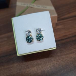 GRA Certified Round Cut <b>Blue</b> Green Color Moissanite <b>Studs</b> In Gold Plated 925 Silver Minimalist Fashion <b>Earrings</b> At Low Price - Product Image 1