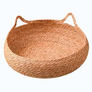Panier-lit pour animaux de compagnie en jonc de mer rond et tressé, avec oreilles décoratives, en paille naturelle, écologique, pour chat et petit chien, ensemble coussin de repos - Product Image 3