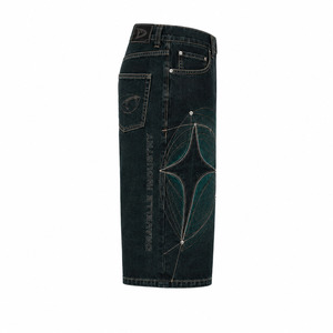 Blackened Teal Y2K Denim Jorts – Baggy Streetwear Shorts with Orbit Embroidery & Rhinestone Details - Product Image 5