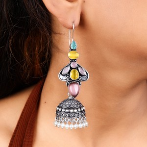 Wholesale Supplier <b>Oxidized</b> Silver Jhumka Earrings | Multicolor Stone Fashion Dangle Earrings - Product Image 2