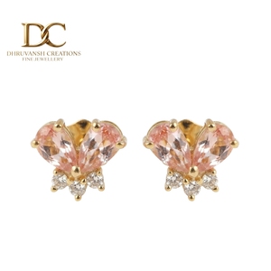 14KT Solid Yellow Gold IGI Certified Lab Grown Diamond and Padpardscha Sapphire <b>Stud</b> <b>Earring</b> for Women <b>Fine</b> Custom Jewelry - Product Image 1