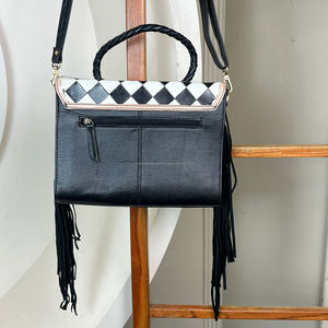 2025 nouveauté outillé peau de vache à carreaux motif en cuir véritable sac à main à bandoulière pour femmes Style occidental sacs à franges - Product Image 5