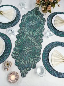 Handmade Embroidered Fabric <b>Table</b> <b>Runner</b> Leaf Shape <b>Green</b> Bohemian Design Decorative Mat - Product Image 4