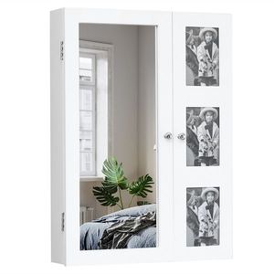 Armadietto a Specchio da Parete in Legno Bianco con Specchio Non Integrale, Vano Portaoggetti Multistrato e Cornice Portafoto per Organizzazione Gioielli - Product Image 6