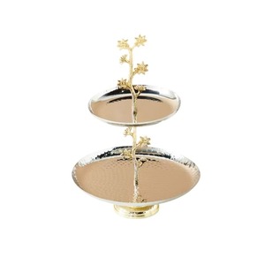Two-Tier Gold Metal Serving Tray <b>Stand</b> With Rose Design Vintage Style Rectangle Shape For Party Dessert Display - Product Image 4