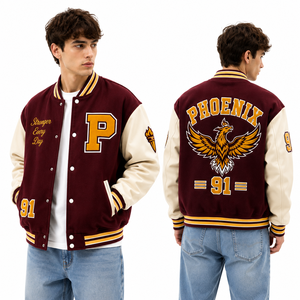Chaqueta Letterman de Cuero, Cuerpo de Lana Premium, Mangas de Cuero, Estilo Bomber, con Parches de Logotipo Personalizados, Ropa Deportiva, Ropa de Calle, Global - Product Image 2