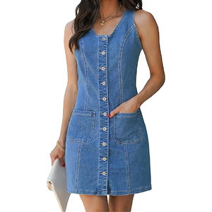 Robe en jean extensible décontractée pour femme, été 2025, silhouette droite sexy, délavage foncé, courte, sans manches, avec poche plaquée - Product Image 1
