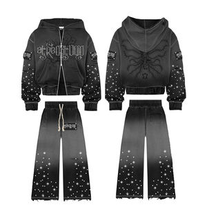 2026 Unisex Fashionable Custom Rhinestone Hoodie Oversized Cropped Acid Wash Zip up Distressed Vintage Sweatpants and Hoodie <b>Set</b> - Product Image 5