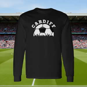 T-shirt a maniche lunghe Cardiff Football Cityscape, nera, unisex, girocollo, abbigliamento sportivo per adulti - Product Image 3