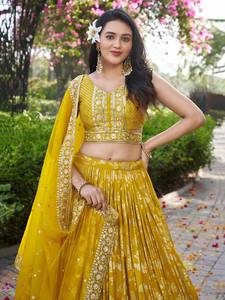 Yellow Embroidered <b>Lehenga</b> Set Block Printed Indian Pakistani Outfit Dupatta Blouse and Skirt for <b>Wedding</b> Festival - Product Image 5