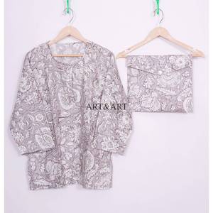 Ensemble pyjama 3 pièces pour femme en 100 % coton écologique, élégant, col modeste, motif floral, confortable, doux, pantalon, chemise et sac à motif uni - Product Image 3