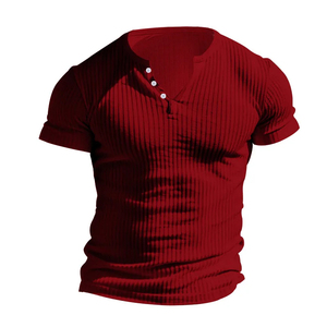เสื้อยืดเฮนลีย์คอกลมทรงเข้ารูปสำหรับผู้ชาย ผ้าฝ้าย 100% ลำลอง ใส่สบายสำหรับฤดูร้อน แขนสั้น สีพื้น - Product Image 6