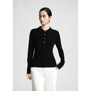 <b>Black</b> Knitted Long Sleeve Polo <b>Shirt</b> <b>Slim</b> <b>Fit</b> Solid Color Smart Casual Top - Product Image 4