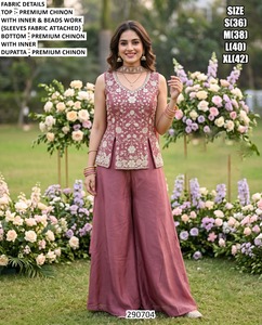 Pink Premium Chinon Embroidered <b>Top</b> Beads Work Floor-Length Palazzo Set <b>Women's</b> Traditional Party Wear Quick Dry Sun Protection - Product Image 1