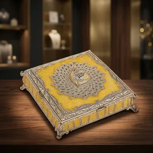Luxury <b>Metal</b> Dry Fruit <b>Box</b> with Peacock Design Amber Enamel Finish Silver Filigree Detailing Ornate Decorative Gift <b>Storage</b> <b>Box</b> - Product Image 1