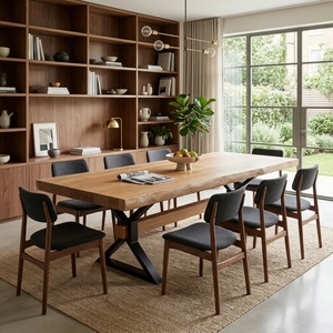 Mesa de Comedor de Madera Maciza de Suar con Borde Natural, Patas de Metal Negro con Base Cruzada, Muebles de Cocina Rústicos Industriales, Losa Natural - Product Image 5