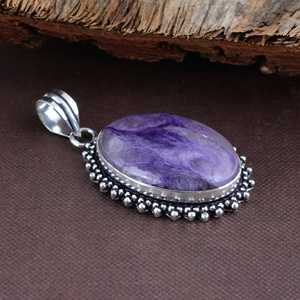 SHYAM JEWELRS Collar con Colgante de Charoita Natural en Plata de Ley 925, Cadena de Serpiente, Engaste Ovalado, Bañado en Rodio, Estilo Bohemia - Product Image 4