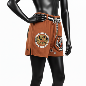 Shorts de baño para mujer, 230 GSM, suaves, de poliéster y algodón, color naranja óxido, cintura elástica, con logo bordado en chenilla. - Product Image 4