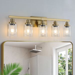 Lampada da Bagno Moderna in Ferro da 31 Pollici con 5 Paralumi in Vetro Trasparente, Applique Dorata a 5 Luci per Specchio e Bagno - Product Image 4