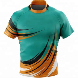 Camiseta Deportiva Ajustada de Rugby para Hombre, Blanca, Verde Azulado y Amarilla, de Manga Corta, con Bloques de Color Sublimados - Product Image 2