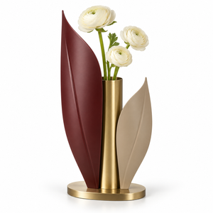 Florero Metálico Moderno de Primera Calidad con Forma de Hoja, Diseñado con Elegantes Paneles Curvos en Forma de Hoja y un Cilindro Metálico Central Elegante - Product Image 1