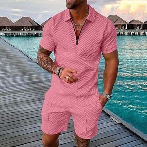 Men's Pink Solid Quarter-Zip Embroidered Polo Shirt and Shorts <b>Set</b> Quick Dry <b>Knitted</b> Formal Summer Wear - Product Image 3